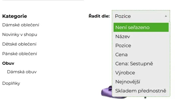 Usporiadanie produktov v e-shope - ukážka v e-shop riešení BiznisWeb.sk